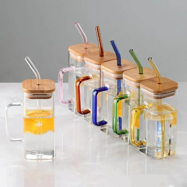Multi-Color Square Glass Mug With Handle, Straw & Wooden Lid, Drinking Glass, Glass Cups with Lids and Straw