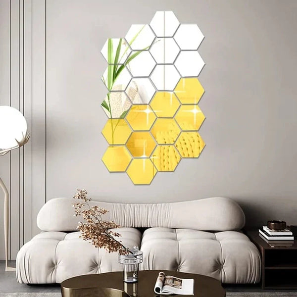 Pack of 6. Hexagon Mirror Wall Sticker Sets