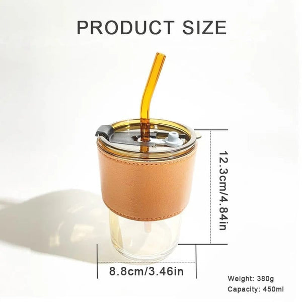 Portable Bamboo Shaped Glass Water Cup, Beautiful  Straw Cup with Lid & Leather  Random Colours