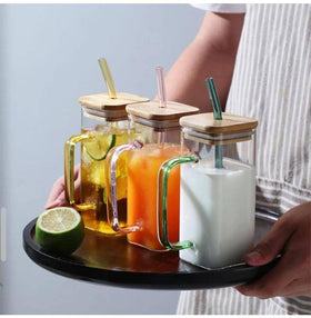 Multi-Color Square Glass Mug With Handle, Straw & Wooden Lid, Drinking Glass, Glass Cups with Lids and Straw