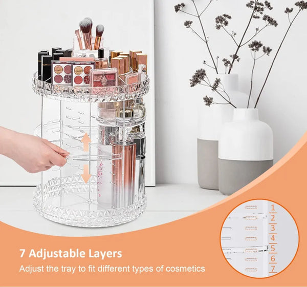 Makeup Organizer, 360 Degree Rotating Cosmetic Storage Organizer, 7-Layer Adjustable Makeup Display Case