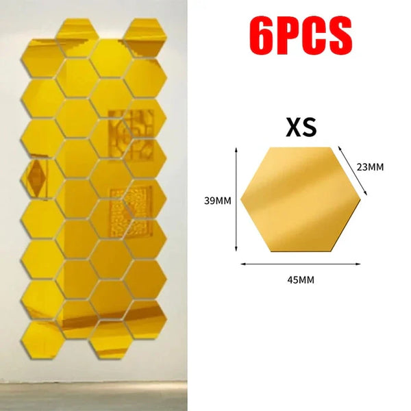 Pack of 6. Hexagon Mirror Wall Sticker Sets