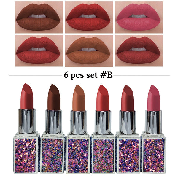 Heng Fang 6pcs Glitter Matte Finish Casing Matte Lipstick Set